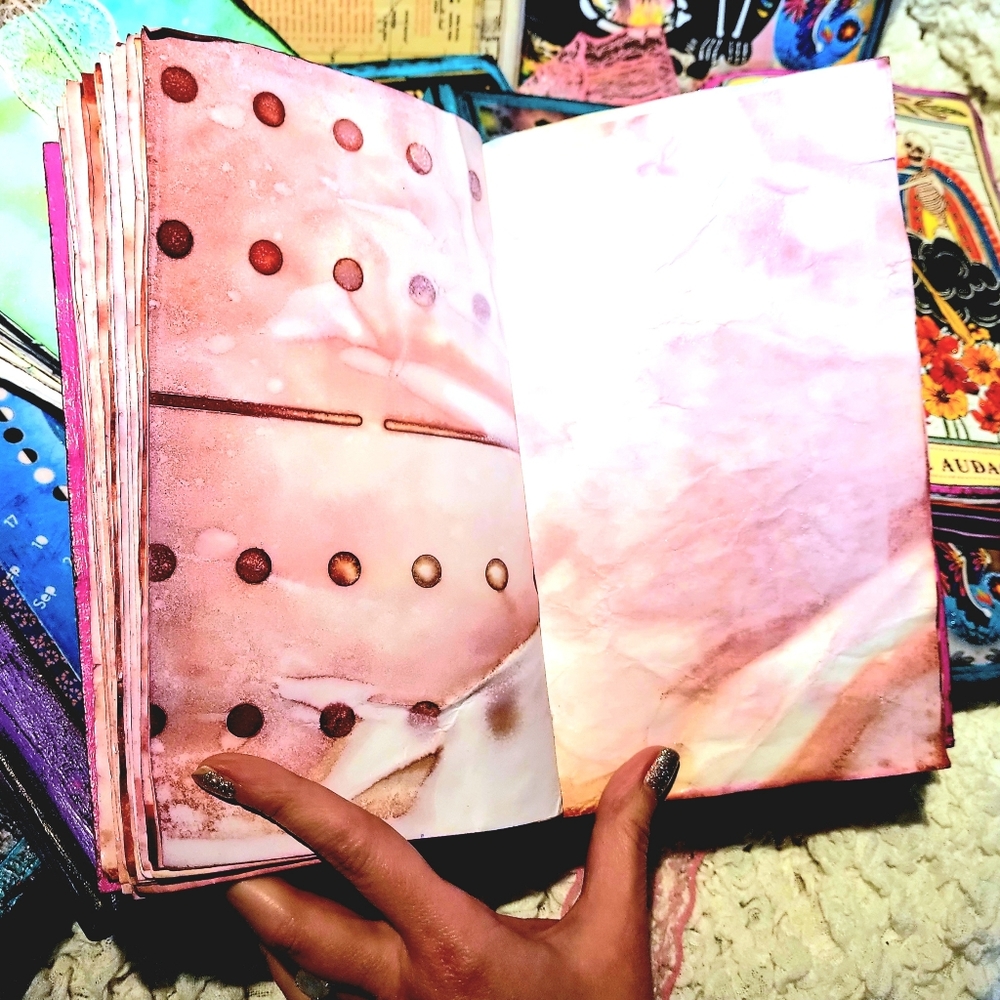 Rose Gold Pink Music and Butterflies Handmade Canvas Journal Hand Dyed Pages - Picture 8 of 12